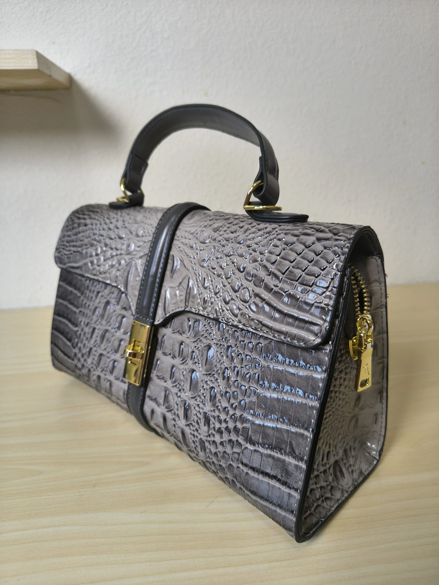 Dark Grey Gradient Crocodile Embossed Boston Bag (E120)