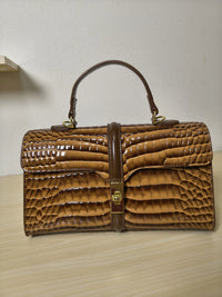 Caramel High Gloss Arch Bead Crocodile Embossed Boston Bag (E124)