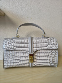 Light Grey High Gloss Arch Bead Crocodile Embossed Boston Bag (E125)