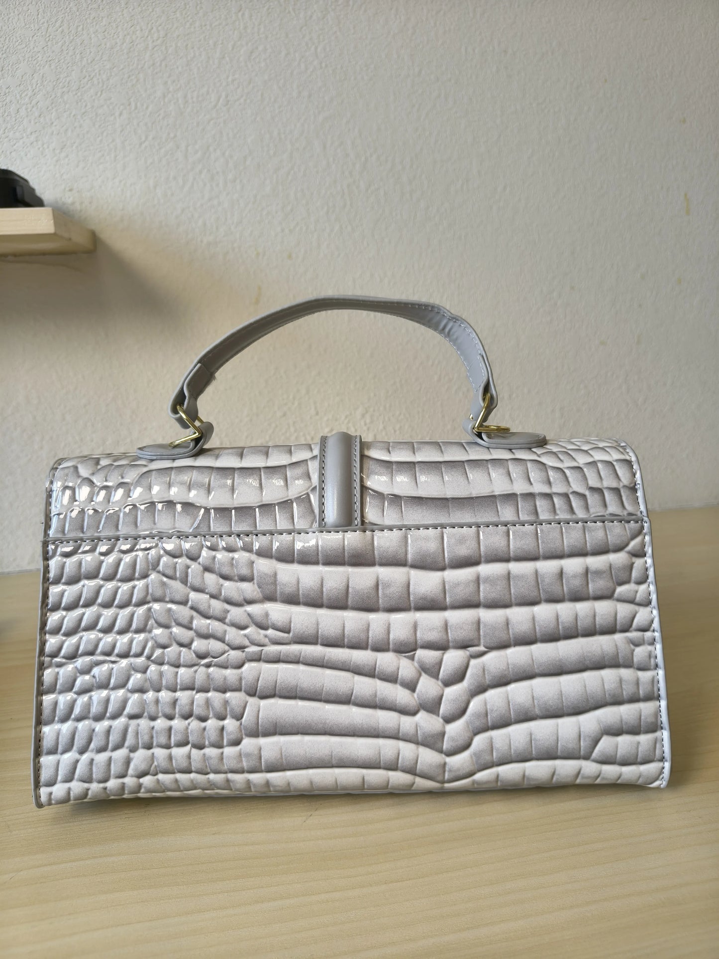 Light Grey High Gloss Arch Bead Crocodile Embossed Boston Bag (E125)