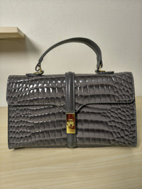 Dark Grey High Gloss Arch Bead Crocodile Embossed Boston Bag (E126)