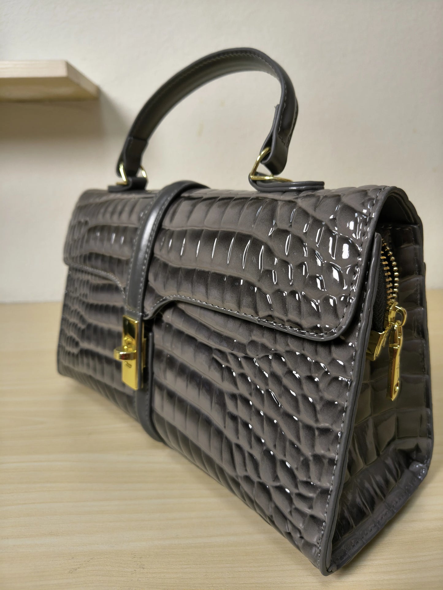 Dark Grey High Gloss Arch Bead Crocodile Embossed Boston Bag (E126)