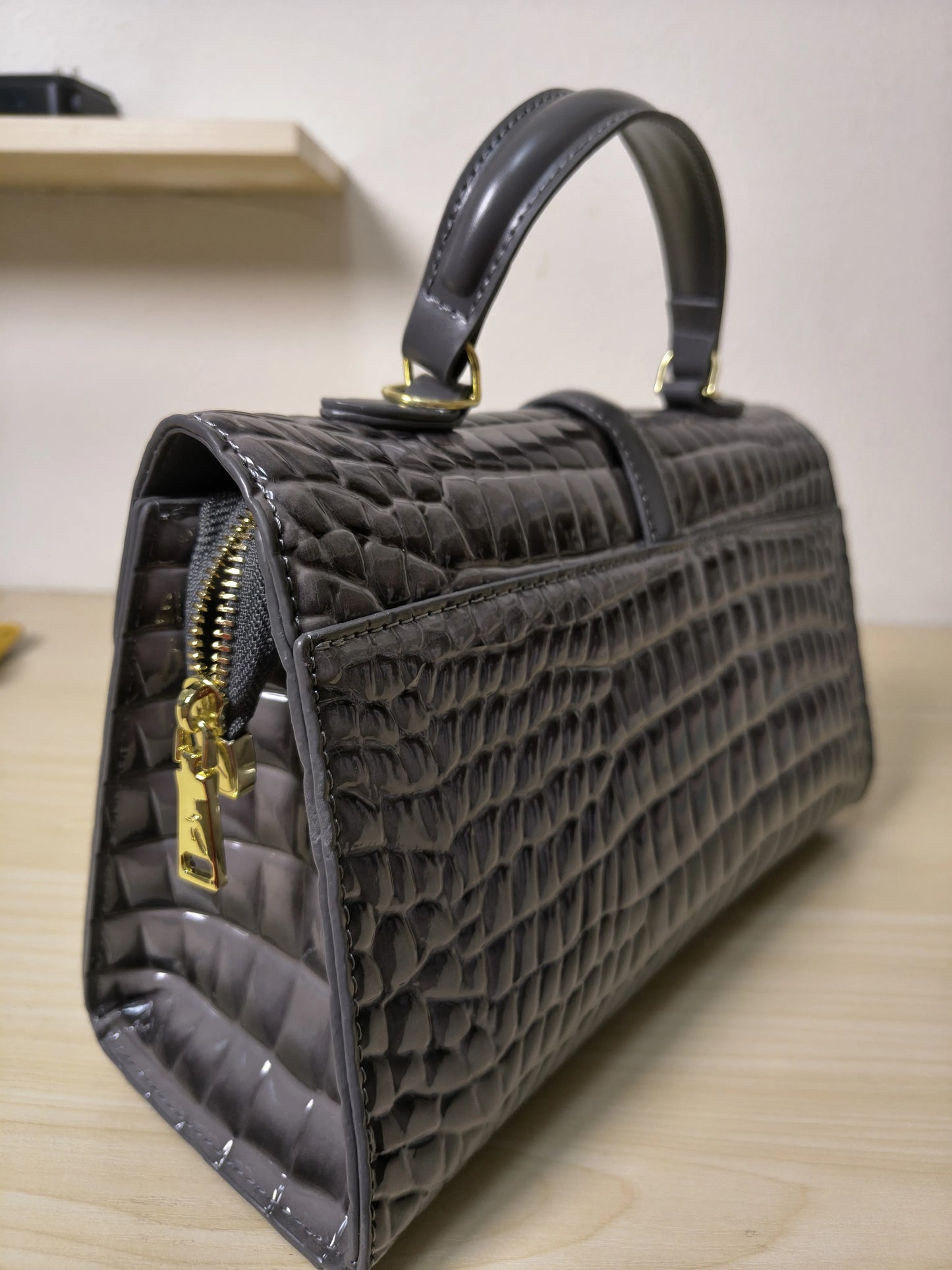 Dark Grey High Gloss Arch Bead Crocodile Embossed Boston Bag (E126)