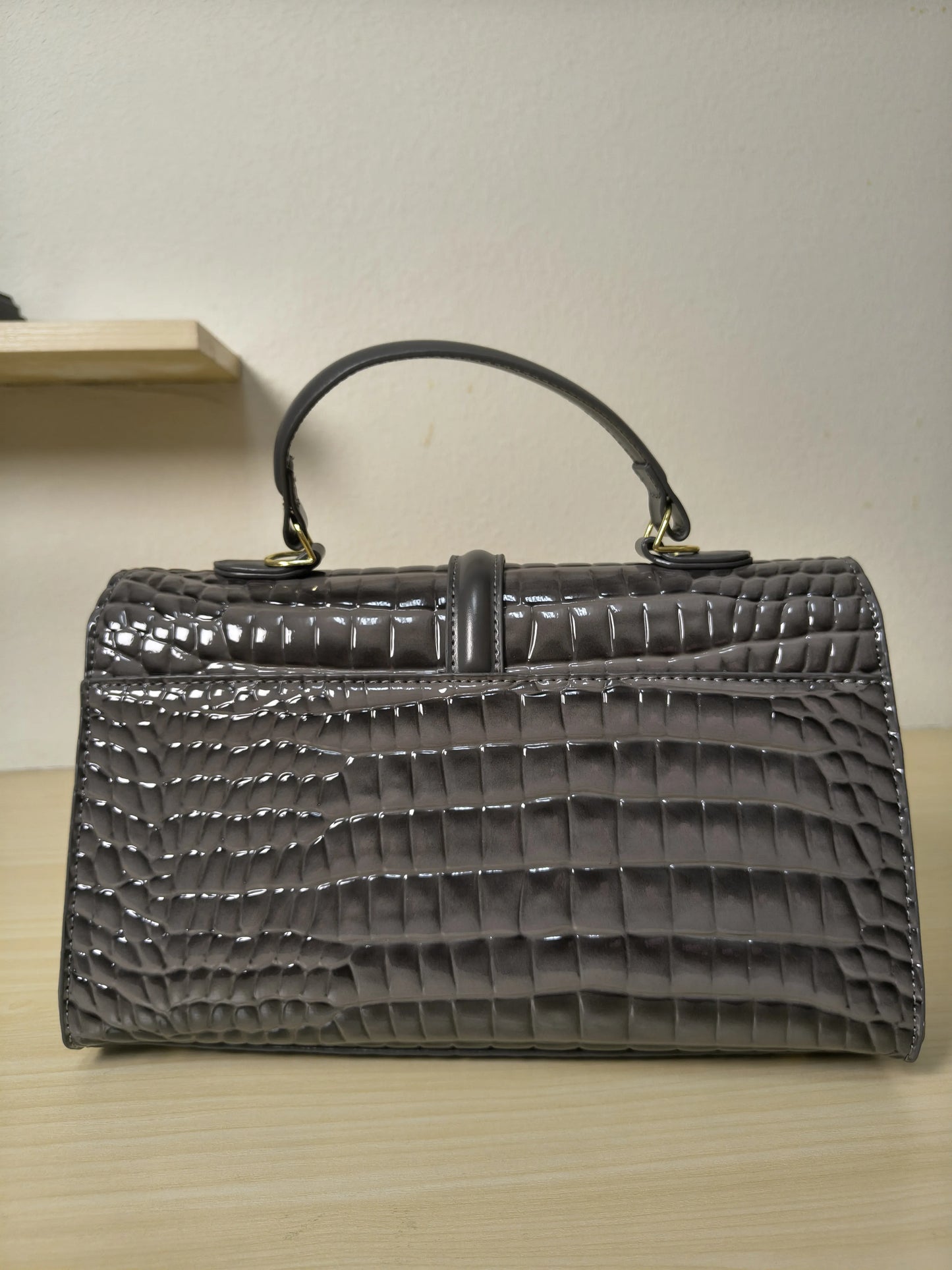 Dark Grey High Gloss Arch Bead Crocodile Embossed Boston Bag (E126)