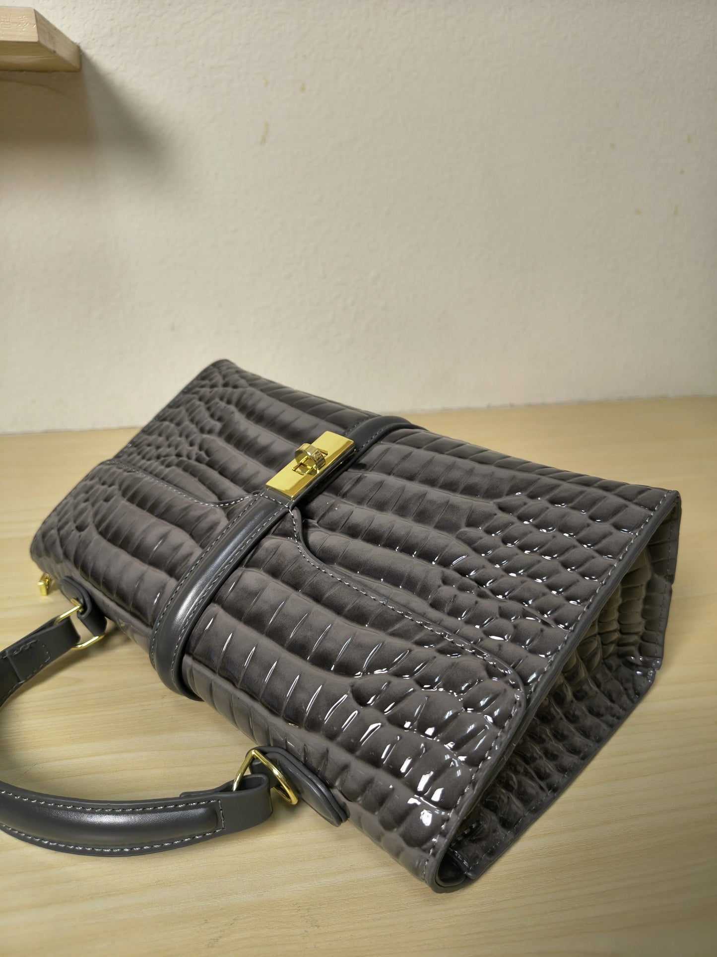 Dark Grey High Gloss Arch Bead Crocodile Embossed Boston Bag (E126)