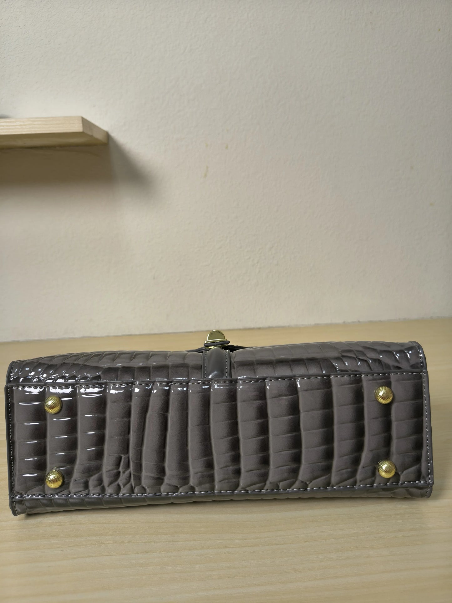 Dark Grey High Gloss Arch Bead Crocodile Embossed Boston Bag (E126)