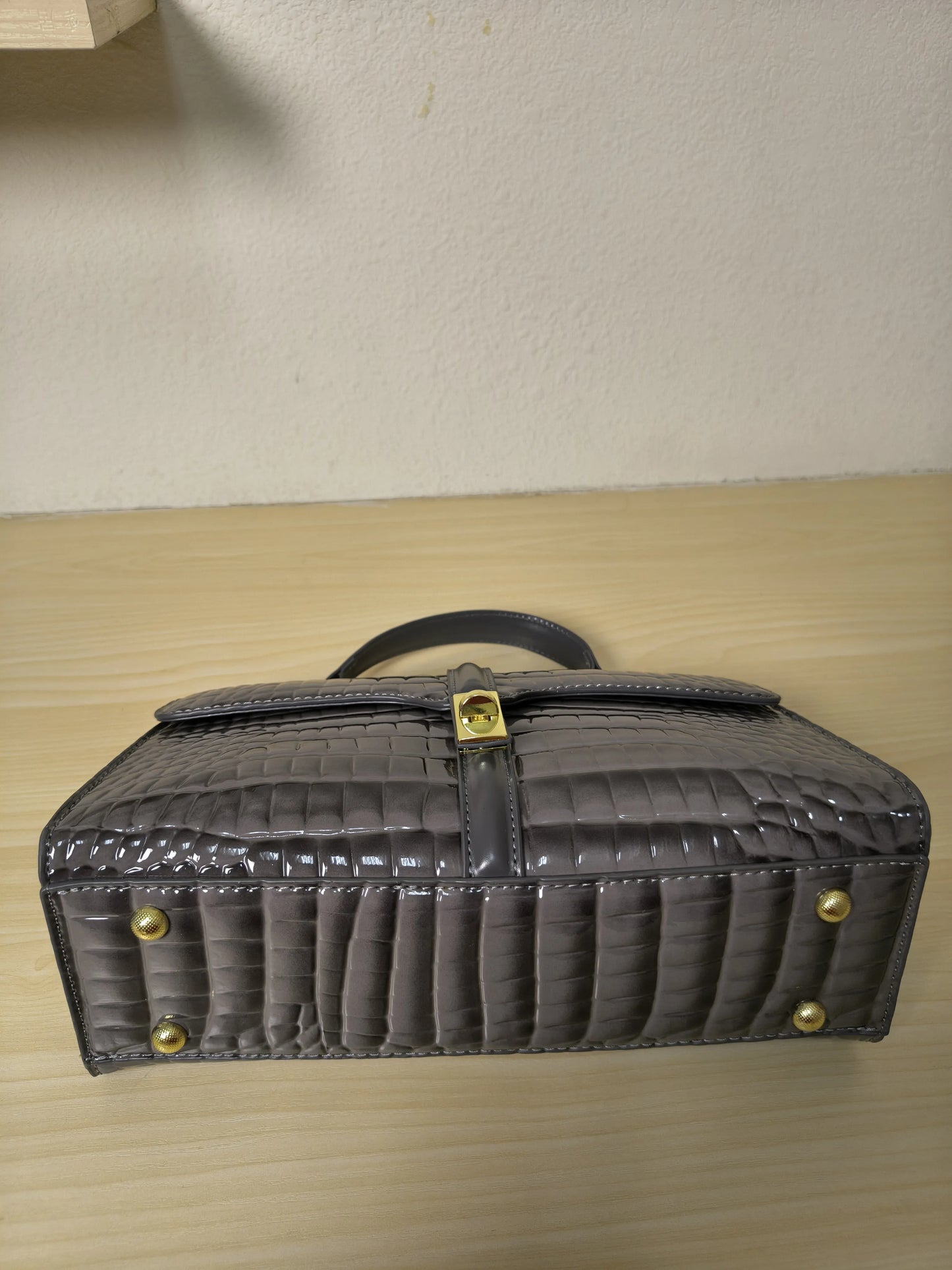 Dark Grey High Gloss Arch Bead Crocodile Embossed Boston Bag (E126)