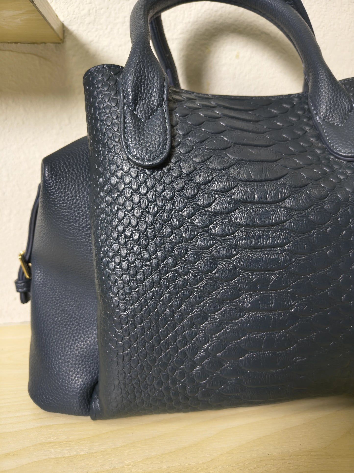 Dark Blue 3D Python & Fish Scale Embossed Boston Bag (E131)