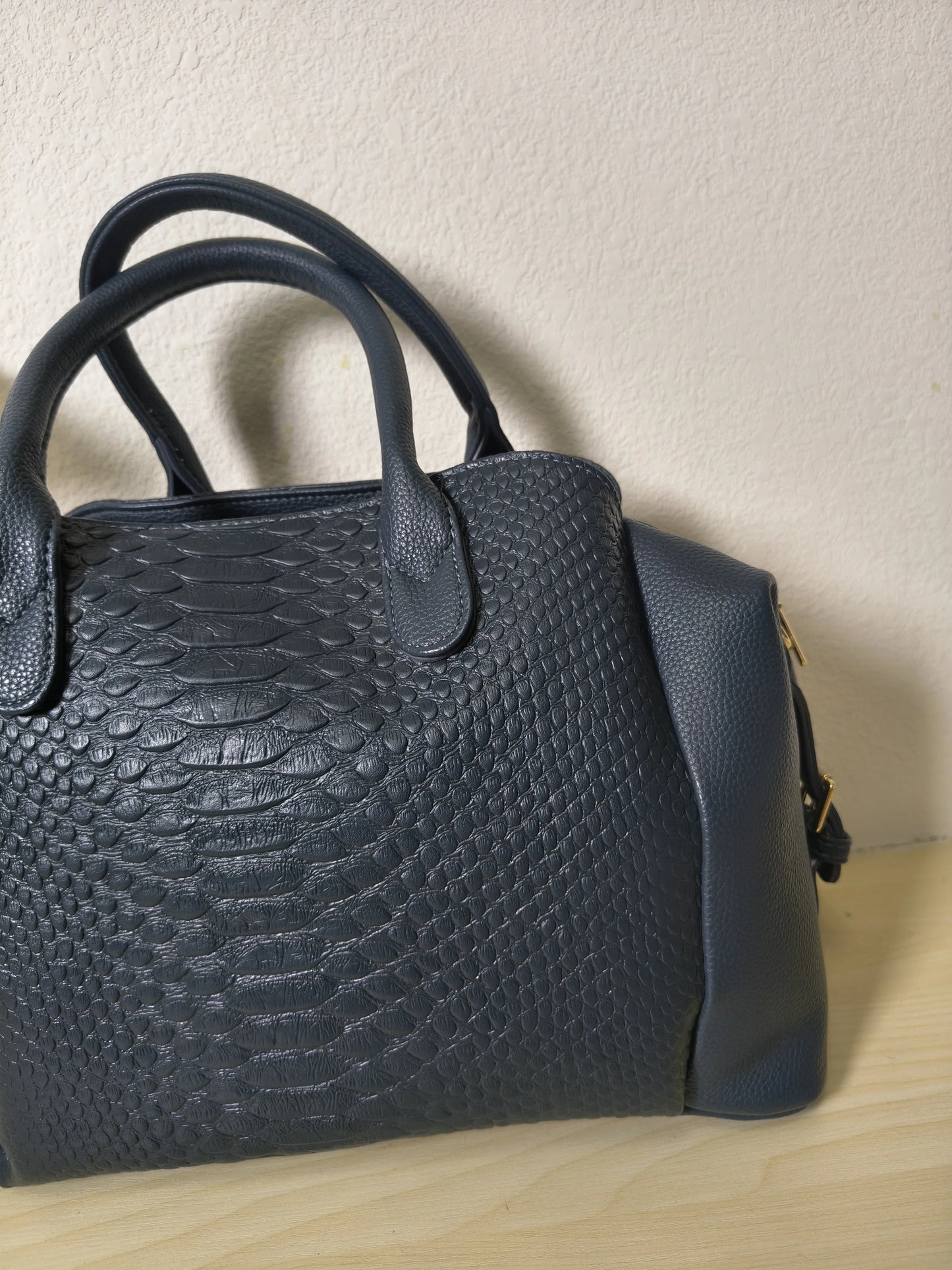 Dark Blue 3D Python & Fish Scale Embossed Boston Bag (E131)