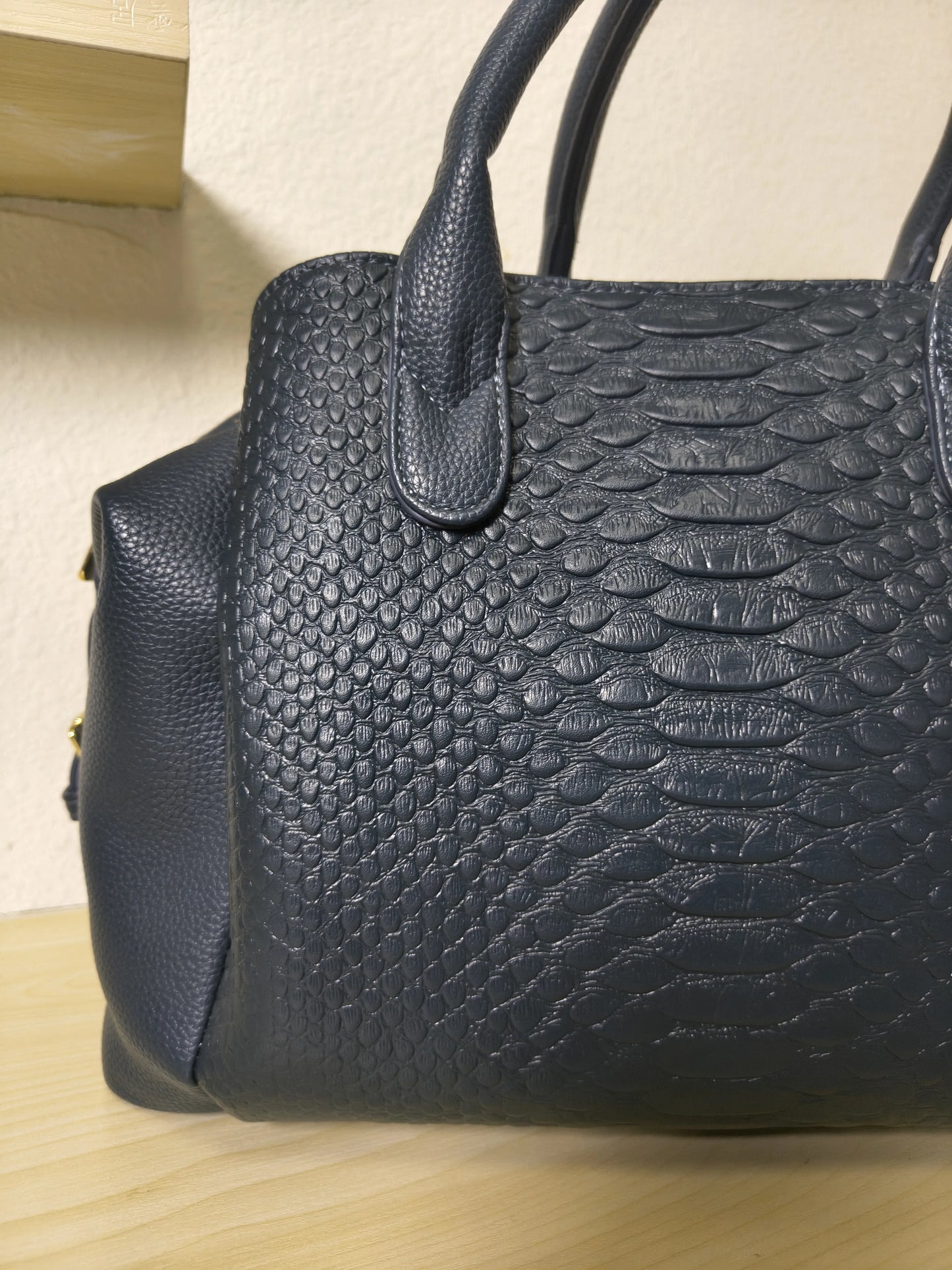 Dark Blue 3D Python & Fish Scale Embossed Boston Bag (E131)