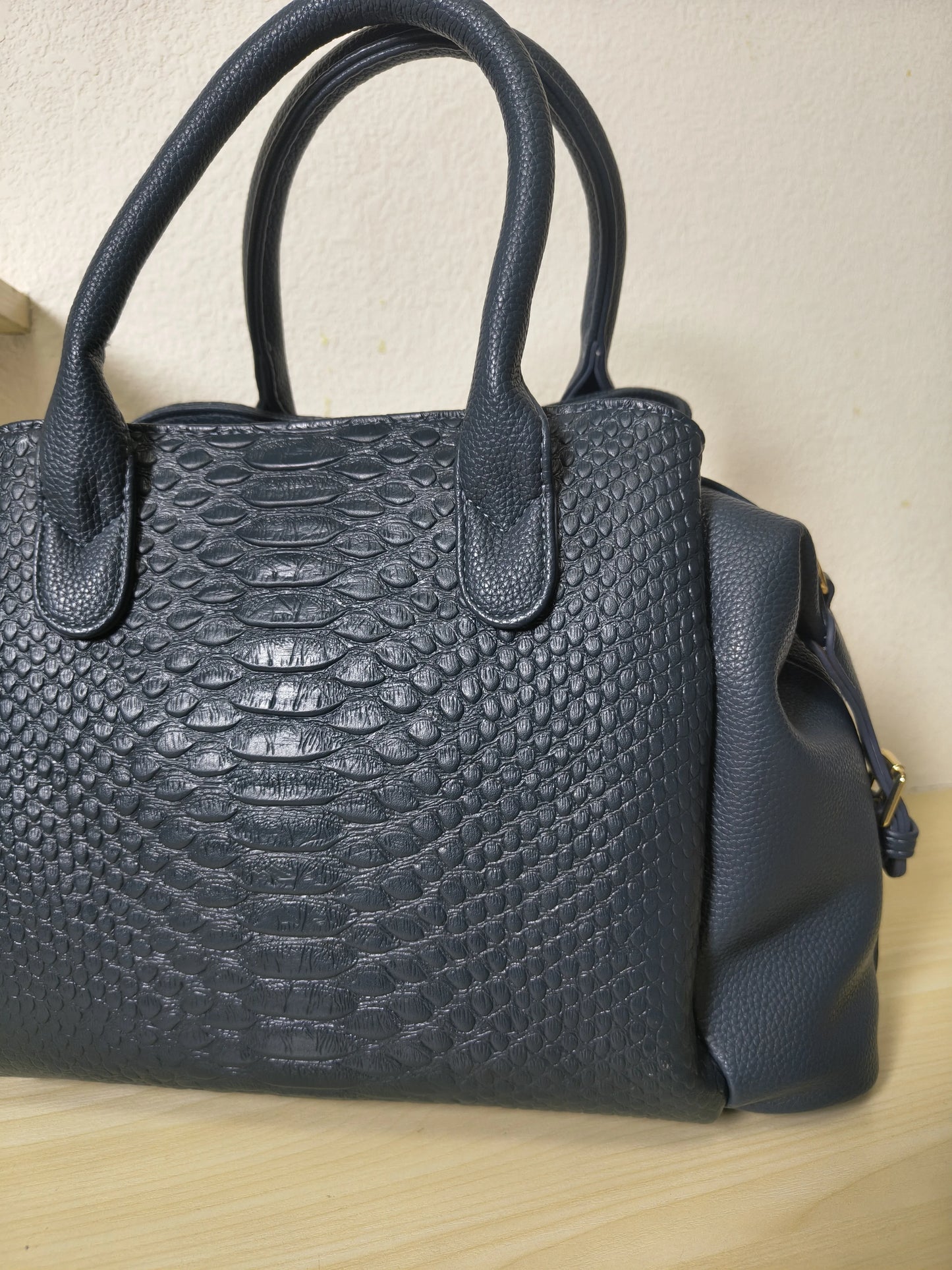 Dark Blue 3D Python & Fish Scale Embossed Boston Bag (E131)