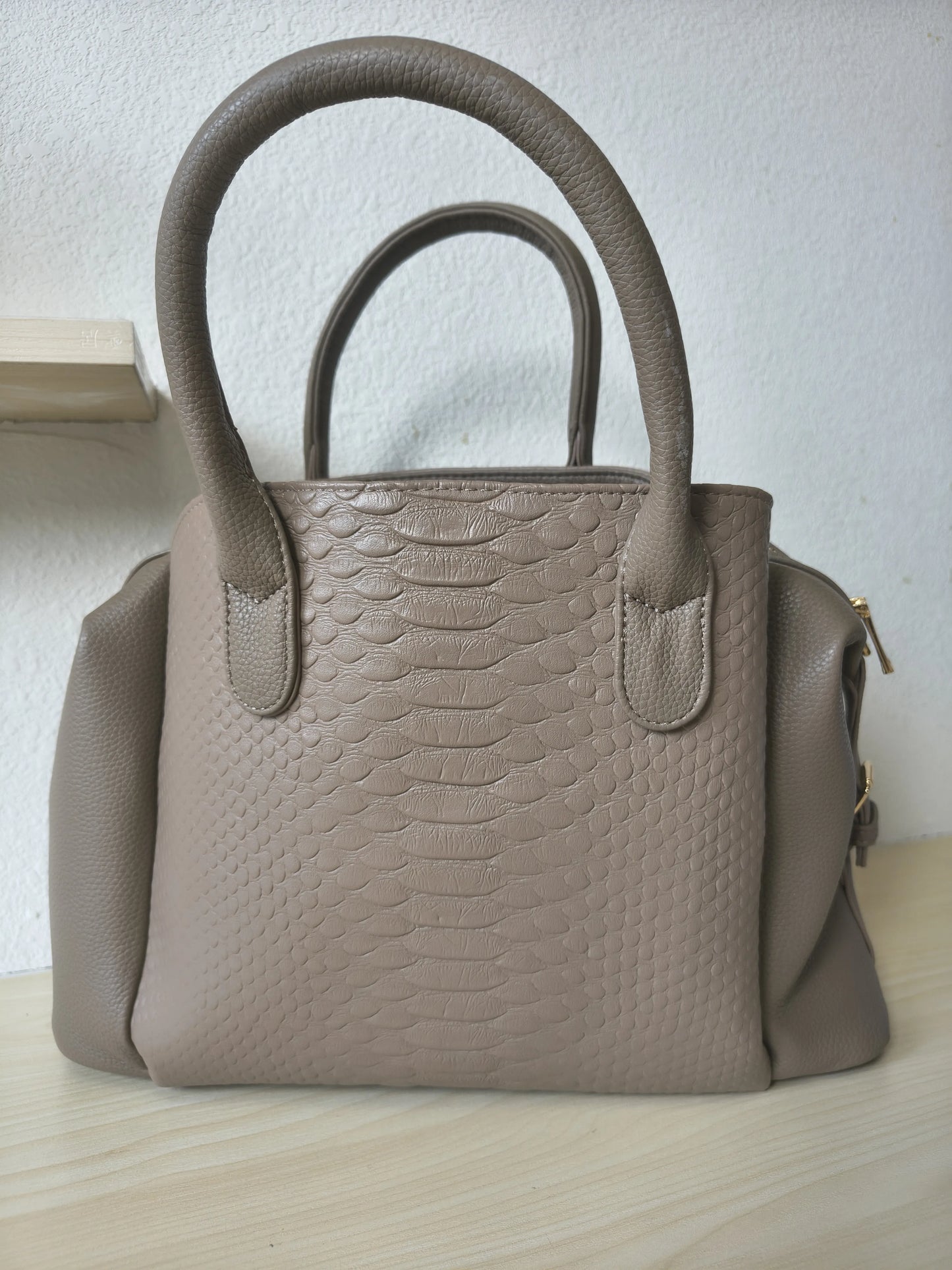 Khaki 3D Python & Fish Scale Embossed Boston Bag (E133)