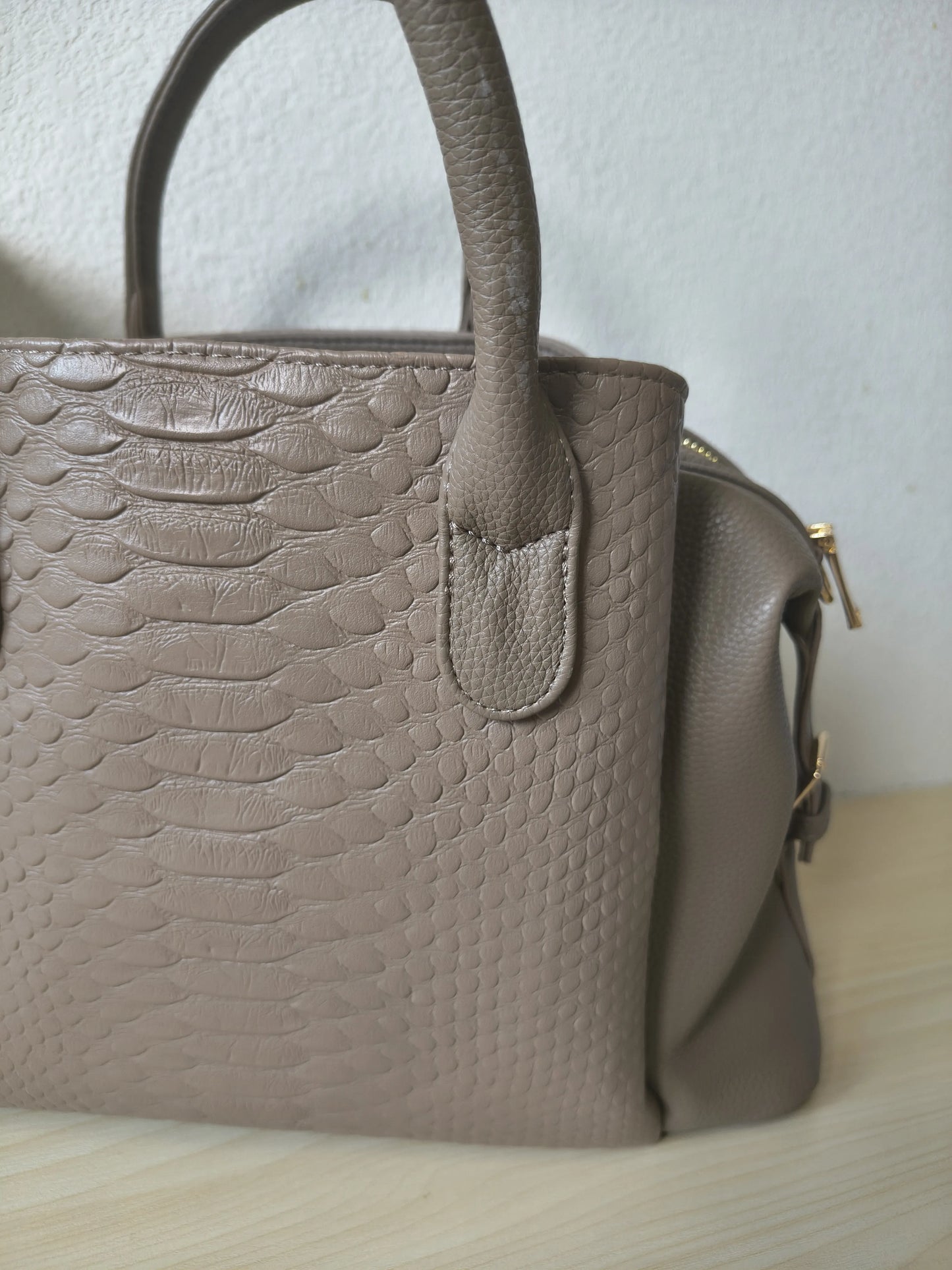 Khaki 3D Python & Fish Scale Embossed Boston Bag (E133)