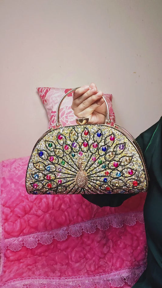 Gold-Base Multi-Colored Crystal Peacock-Pattern Evening Handbag