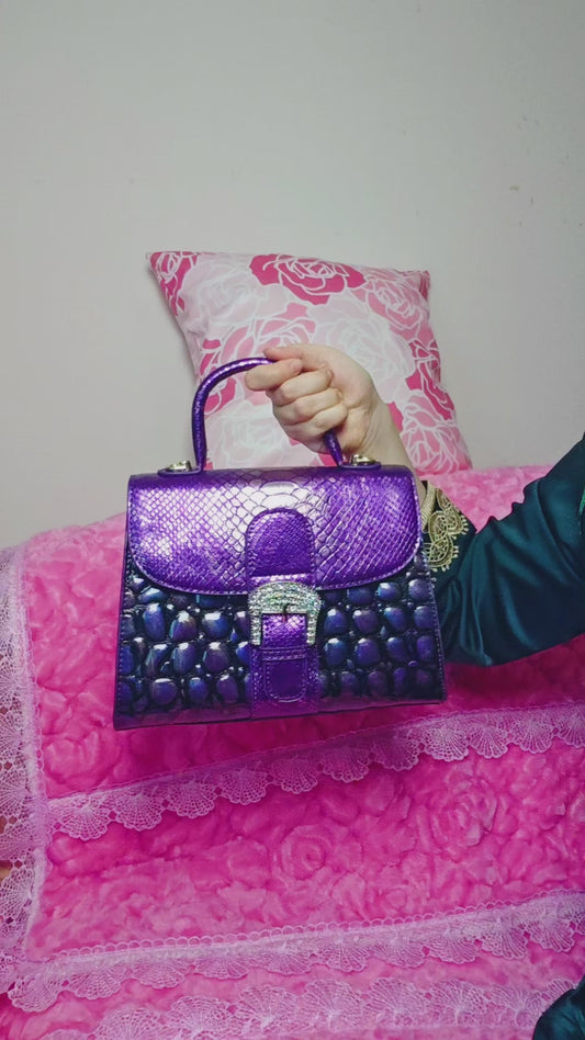 Purple Gradient Snake & Crocodile Print Handbag with Crystal Buckle