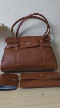 Caramel Matte Leather 3-Piece Structured Tote Bag Set (E68)