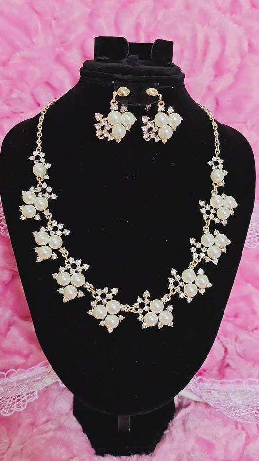 Gilded Pearl & Diamond Cluster Necklace & Earring Set