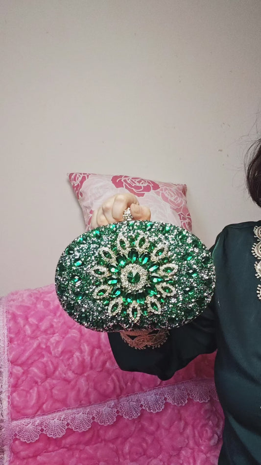 Emerald Green Crystal-Embellished Oval Evening Clutch