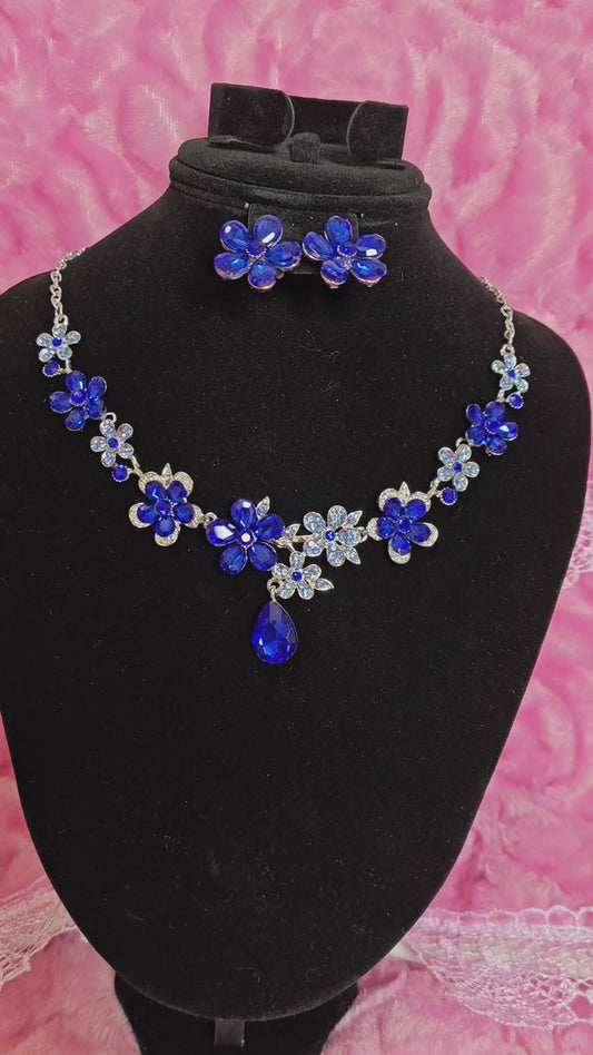 Cobalt Blue Gem Flower & Teardrop Necklace & Earring Set