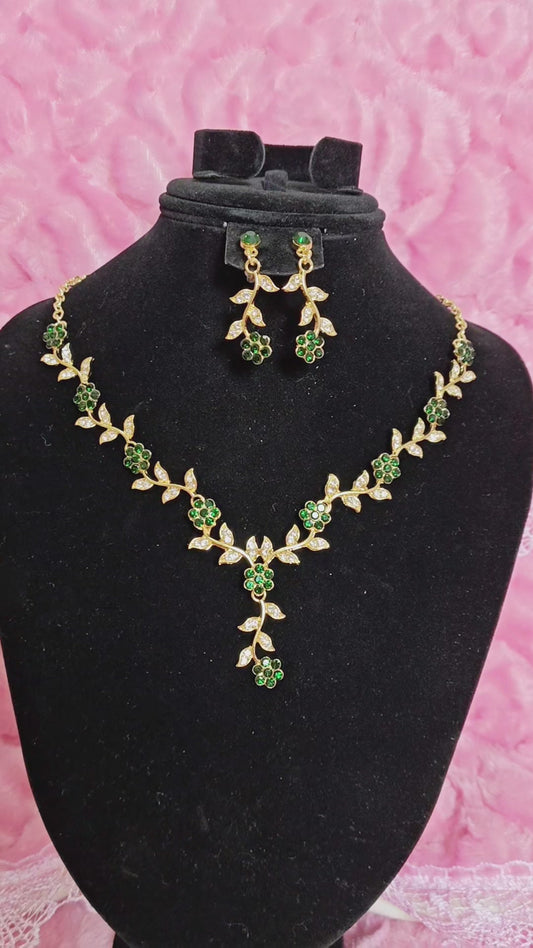 Gilded Emerald & Crystal Floral Twig Necklace & Earring Set