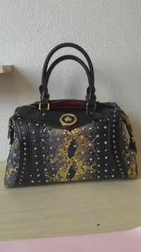 Black Python Embossed Rhinestone Boston Bag (E63)
