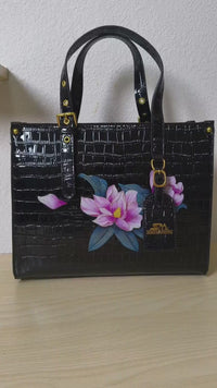 Black Crocodile Embossed Foam Print Pink Lotus Structured Bag (E90)