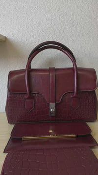 Burgundy Crocodile Embossed Spliced 3-Piece Tote Bag Set (E66)