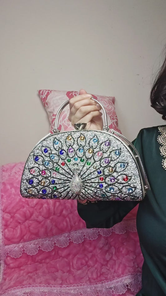 Multi-Colored Crystal Peacock-Pattern Evening Handbag
