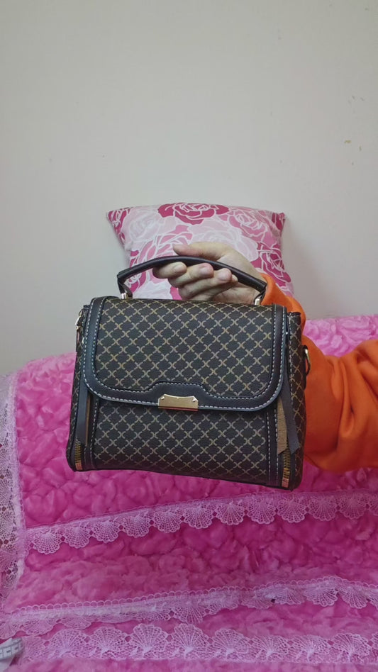 Brown-Black Checkered Handbag with Metal Buckle