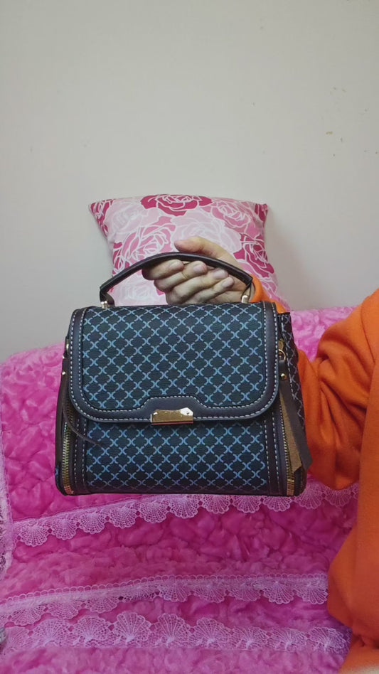 Black-Blue Checkered & Brown Trim Handbag with Metal Buckle