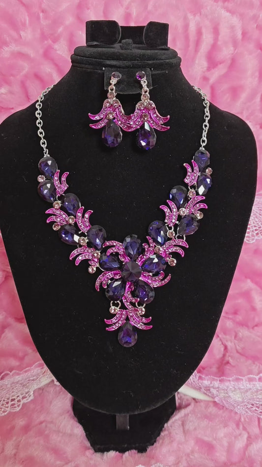 Silver Purple-Magenta Gem Feather Necklace & Earring Set