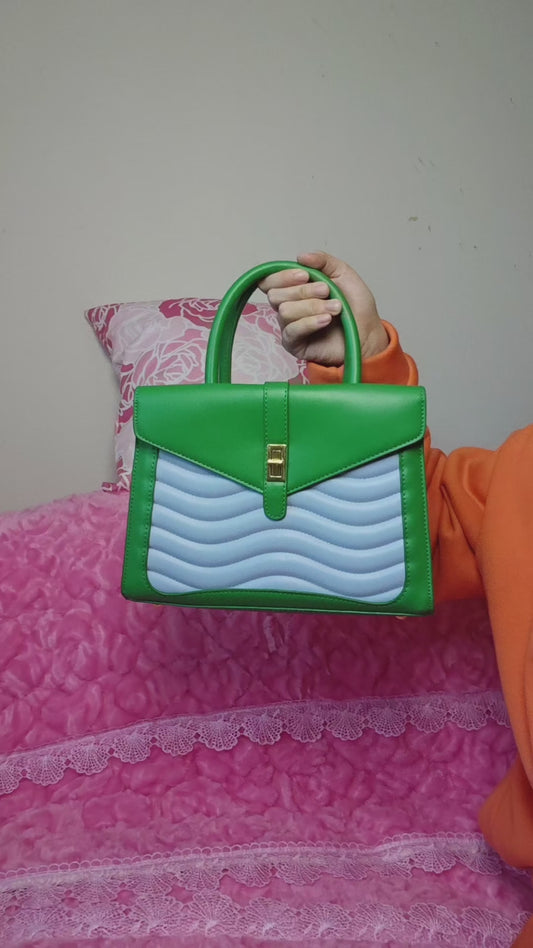 Emerald Green & White Wave-Quilted Handbag with Metal Buckle