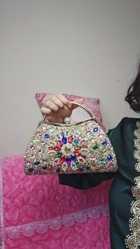Multi-Colored Crystal-Embellished Evening Handbag with Metal Handle
