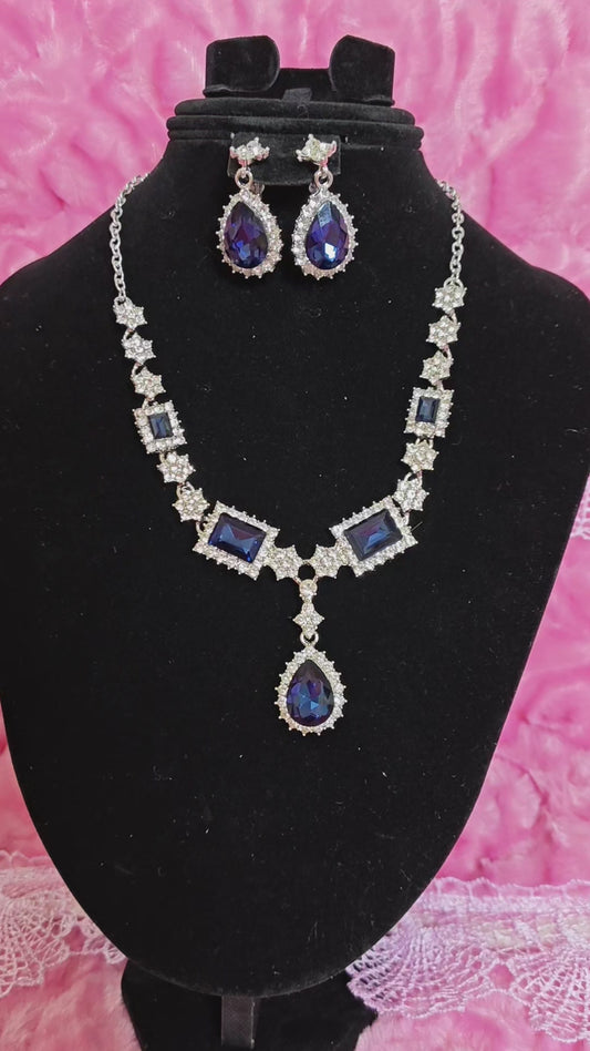 Cushion & Teardrop Blue Gem Necklace & Earring Set