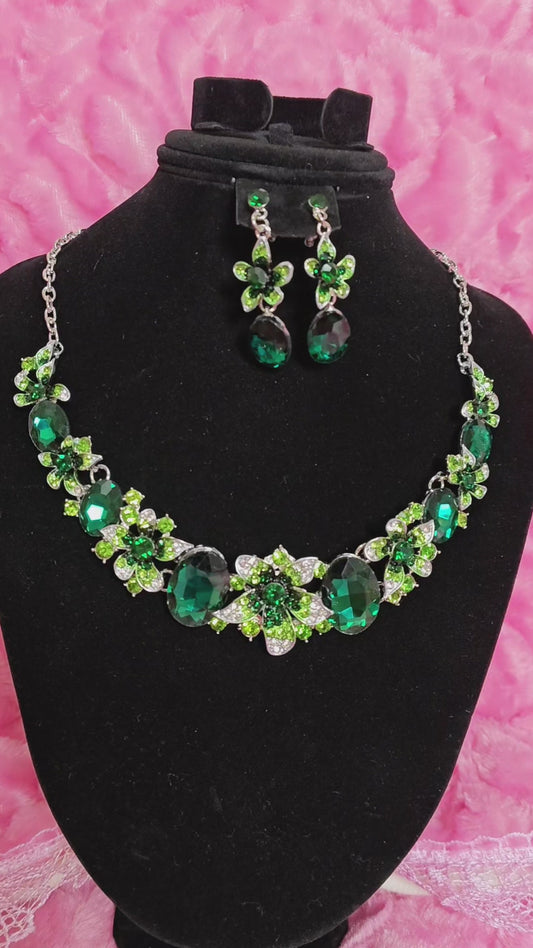 Silver Green Gem Floral Cluster Necklace & Earring Set