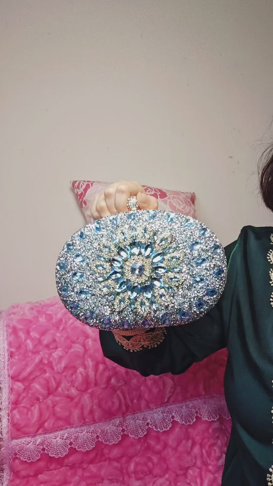 Light Blue Crystal-Embellished Oval Evening Clutch