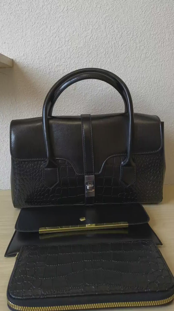 Black Crocodile Embossed Spliced 3-Piece Tote Bag Set (E65