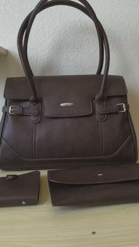 Brown Matte Leather 3-Piece Structured Tote Bag Set (E70)