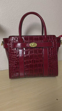 Burgundy Crocodile Embossed Structured Tote Bag (E98)