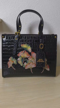 Black Crocodile Embossed Foam Print Red-Pink Maple Leaf Structured Bag (E89)