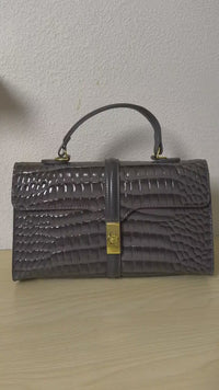 Dark Grey High Gloss Arch Bead Crocodile Embossed Boston Bag (E126)