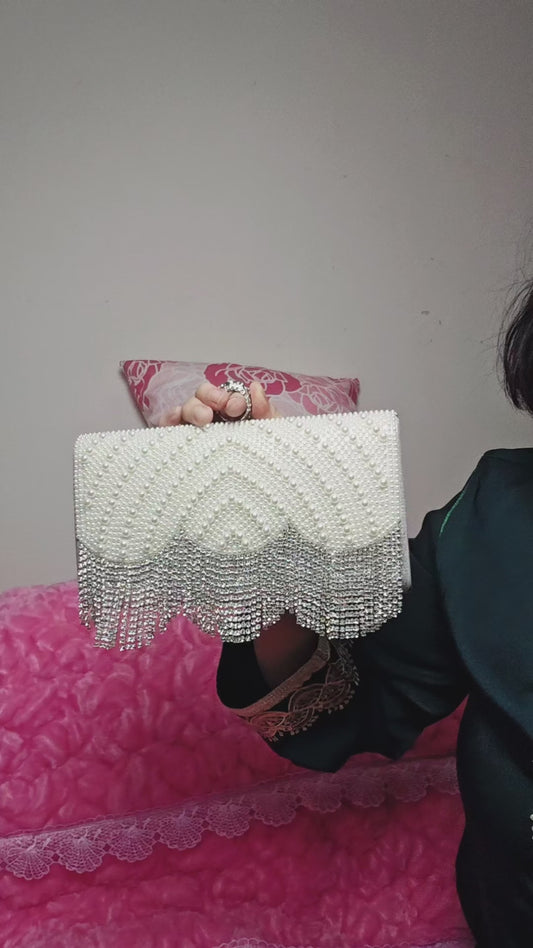 Pearl & Silver Crystal Tassel Hoop-Handle Evening Clutch