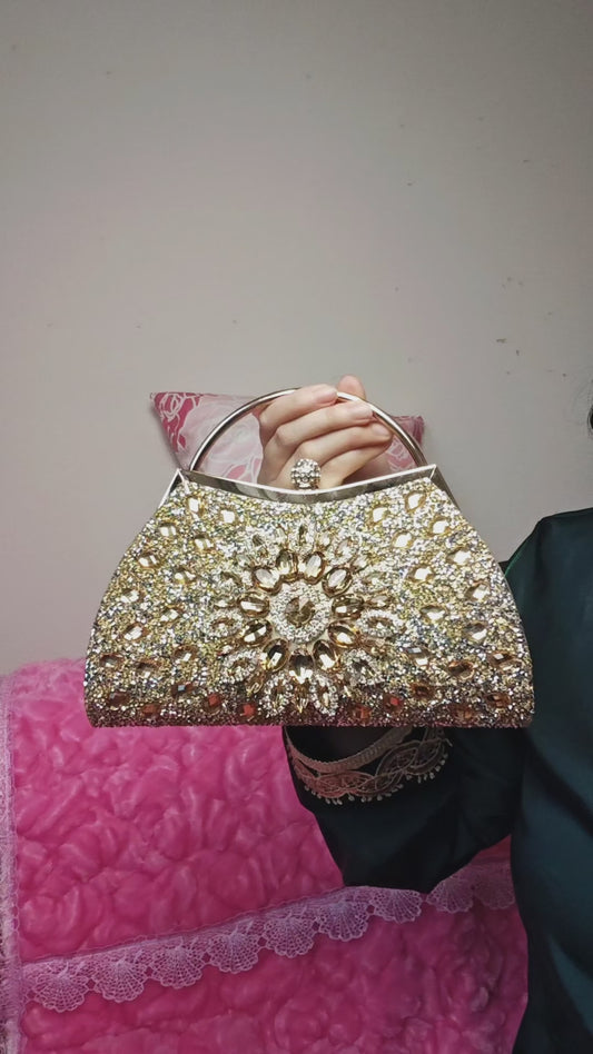 Gold Crystal-Embellished Evening Handbag with Metal Handle