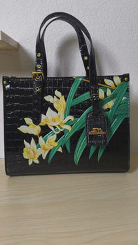 Black Crocodile Embossed Foam Print Golden Orchid Structured Bag (E85)