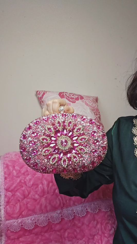 Pink Crystal-Embellished Oval Evening Clutch