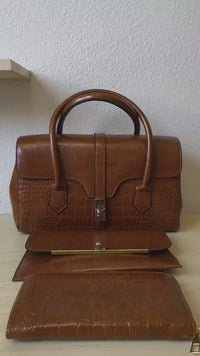 Caramel Crocodile Embossed Spliced 3-Piece Tote Bag Set (E67)