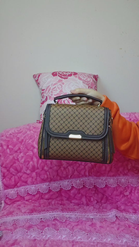 light brown-yellow Checkered & Black Trim Handbag with Metal Buckle