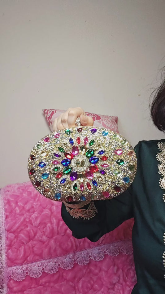 Multi-Colored Crystal-Embellished Oval Evening Clutch