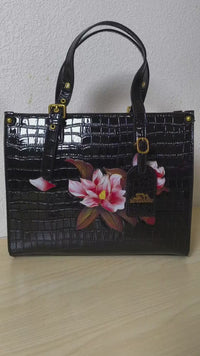Black Crocodile Embossed Foam Print Red Lotus Structured Bag (E91)