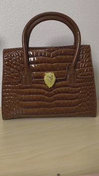 Trendy Caramel Brown Patent Croc Embossed Tote with Gold Buckle (E117)